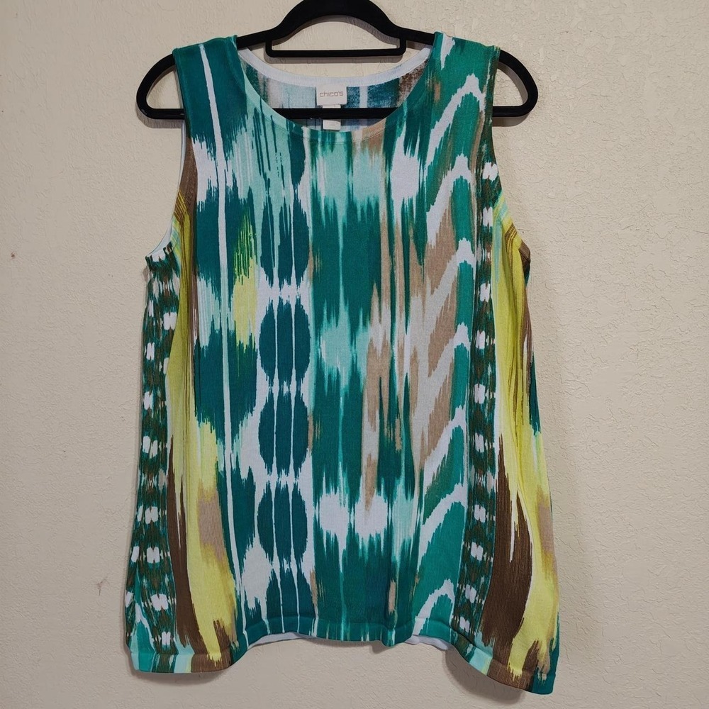 Chicos Green Blue Abstract Ikat Sleeveless Knit Top Tank Shell Womens Size 2